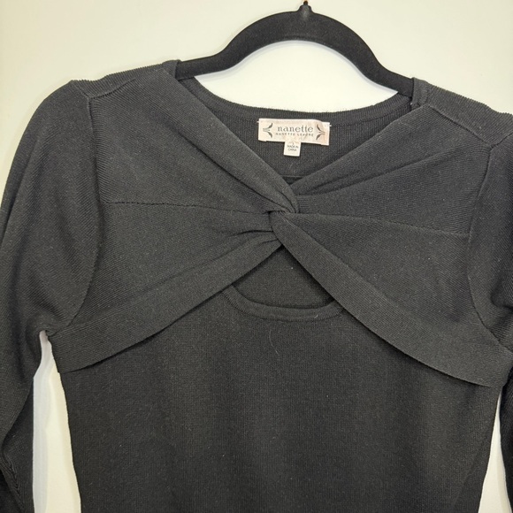 Nanette Lepore Black Knit Fit & Flare Dress | Twist Front | Size Small - Picture 3 of 11